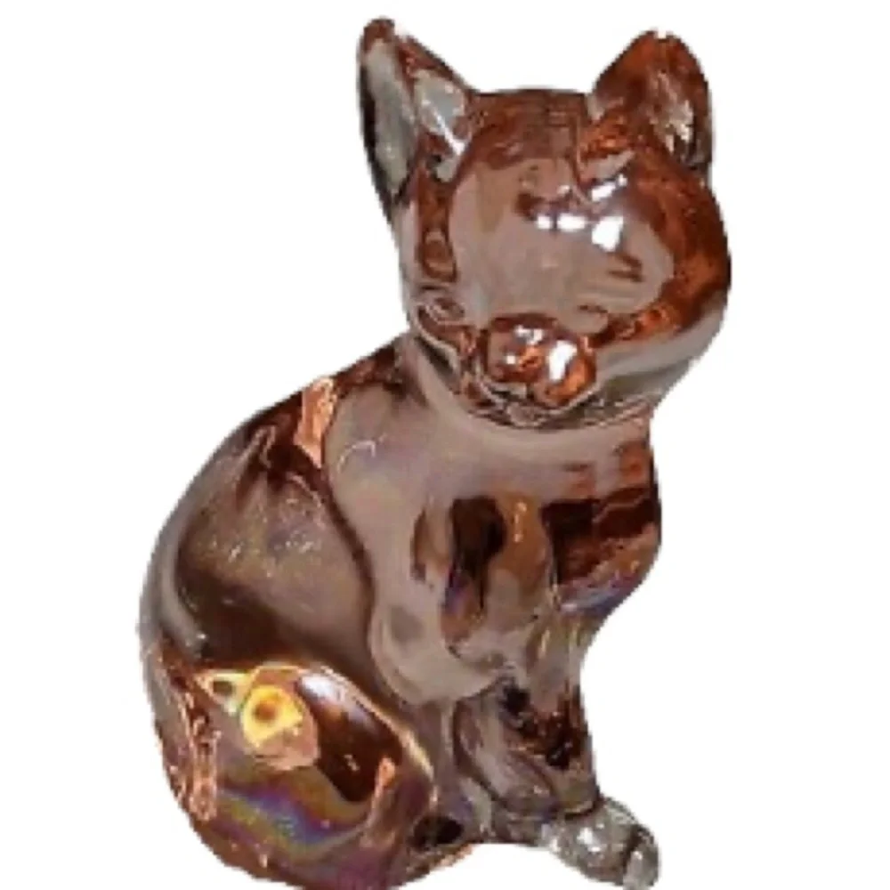 Vintage Fenton Iridescent Pink Glass Cat Kitten Collectible Decor Paperweight